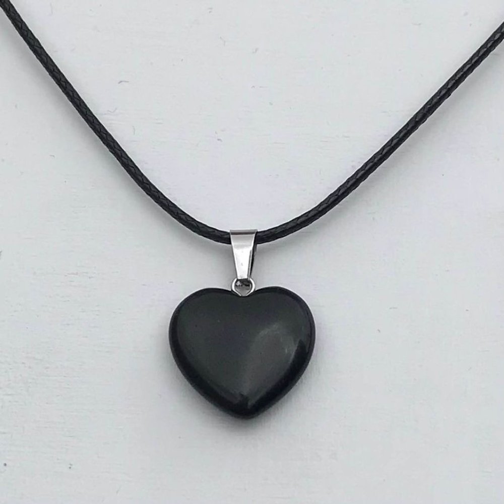 Obsidian Heart Necklace 17” Black Waxed Cord Neckl